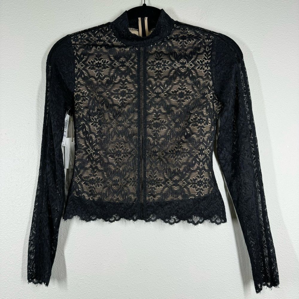 NWT Aritzia Wilfred Adriane Black Lace Mock Neck Top Nude Illusion Size XS
